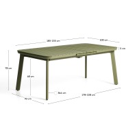 Раздвижной уличный стол Izola из алюминия с зеленой отделкой, 185 (235) x 100 см