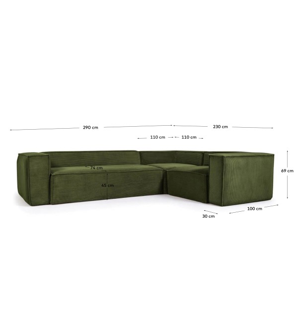3-местный угловой диван Blok в зеленом толстом вельвете 290 x 230 см