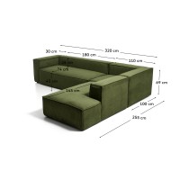 Угловой диван Blok на 5 мест с правым сиденьем, из плотного зеленого вельвета, 320 x 255 см