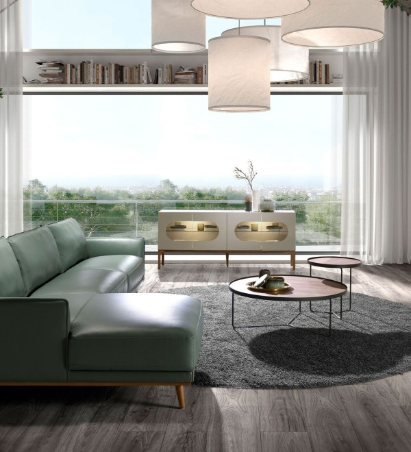 Угловой диван с левым шезлонгом 6200/5607-L-M5677 из зеленой кожи