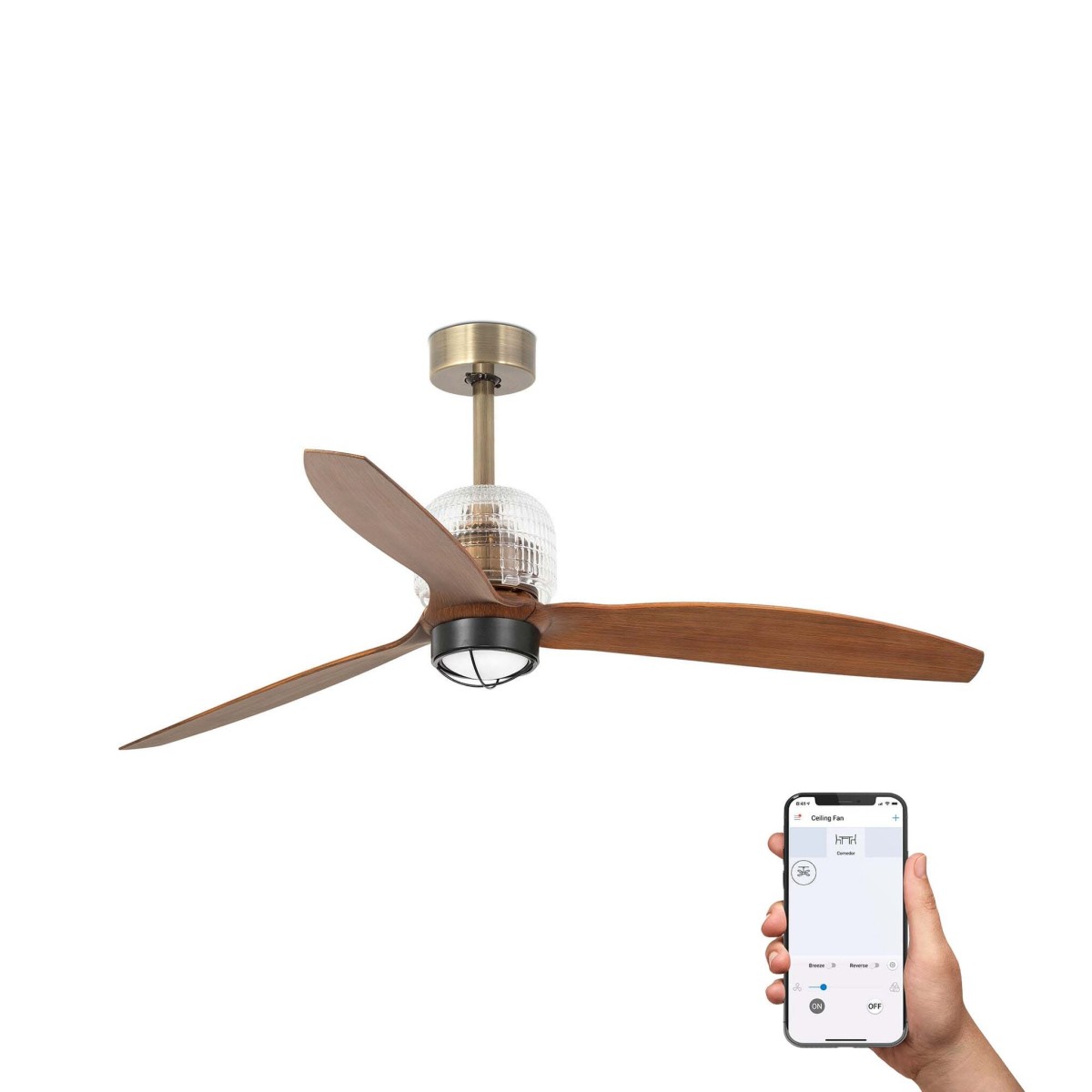 Потолочный вентилятор DECO FAN Ш1280 состаренное золото 3P орех 3000K TUYA