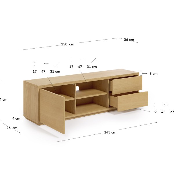 Abilen Тумба под TV с одной дверцей из шпона дуба с 2 ящиками 150 x 43,6 см