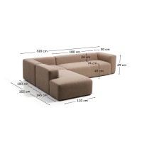 Угловой пятиместный диван Blok из коричневой синели с левым шезлонгом, 255 x 320 см