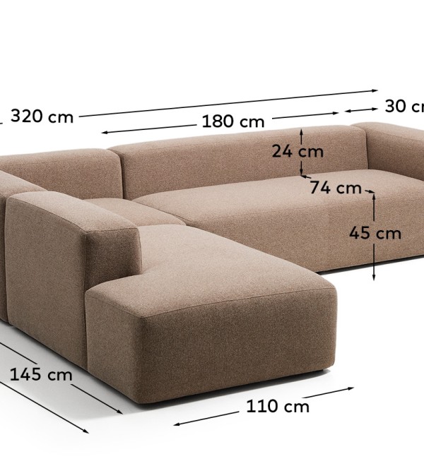Угловой пятиместный диван Blok из коричневой синели с левым шезлонгом, 255 x 320 см