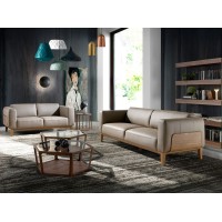 Диван 5353-2P /6028 2-х местный кожаный бежевый с ореховым каркасом