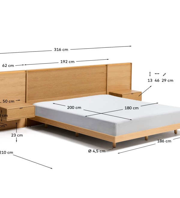 Кровать Norlen с 2 тумбочками из натурального шпона дуба, с подсветкой, 180 x 200 см