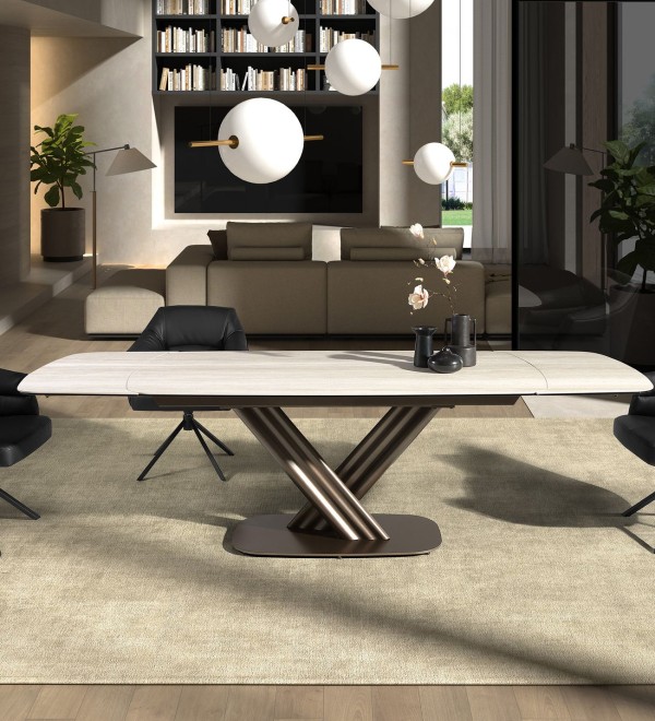 Раздвижной обеденный стол 1207 из керамики в мраморной отделке и и темно-коричневой стали