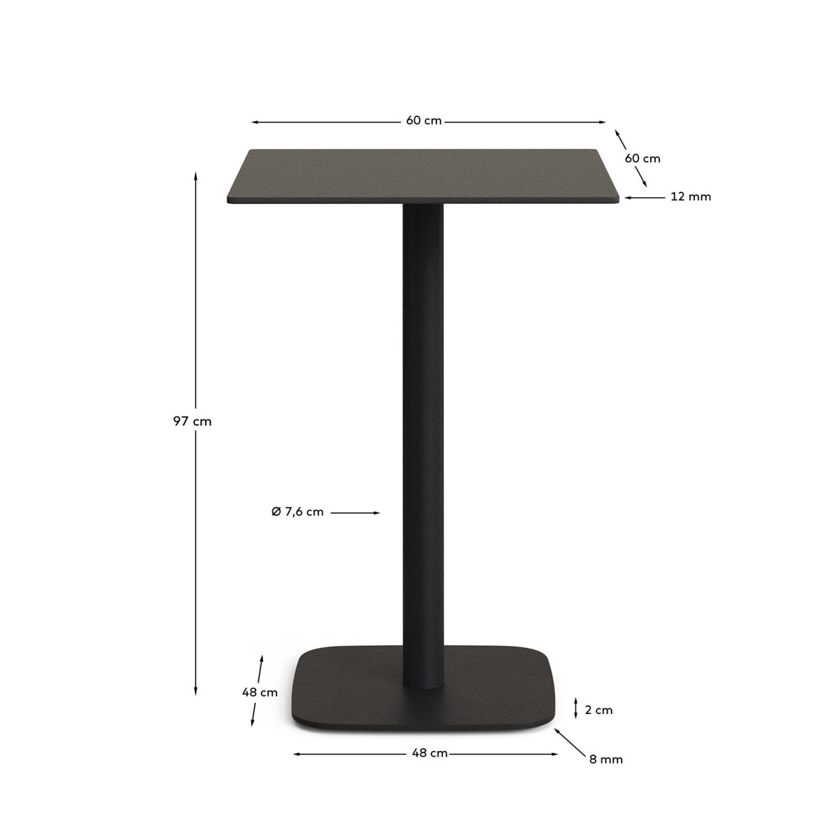 Высокий садовый столик Dina черный на черном металлическом основании 60 x 60 x 96 см