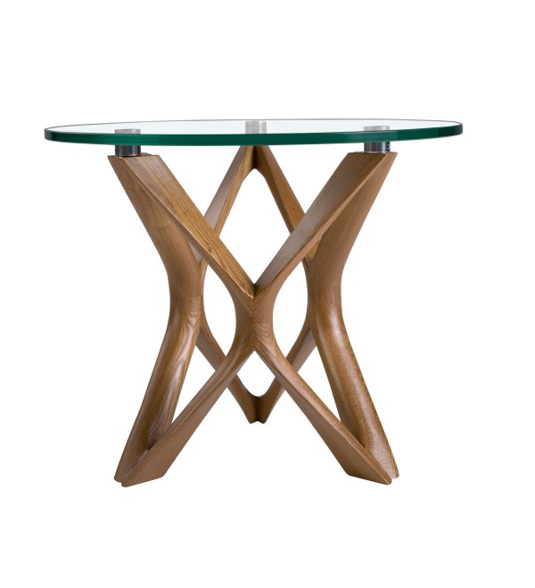 Круглый приставной столик 2127/LT17192 из закаленного стекла и ореха