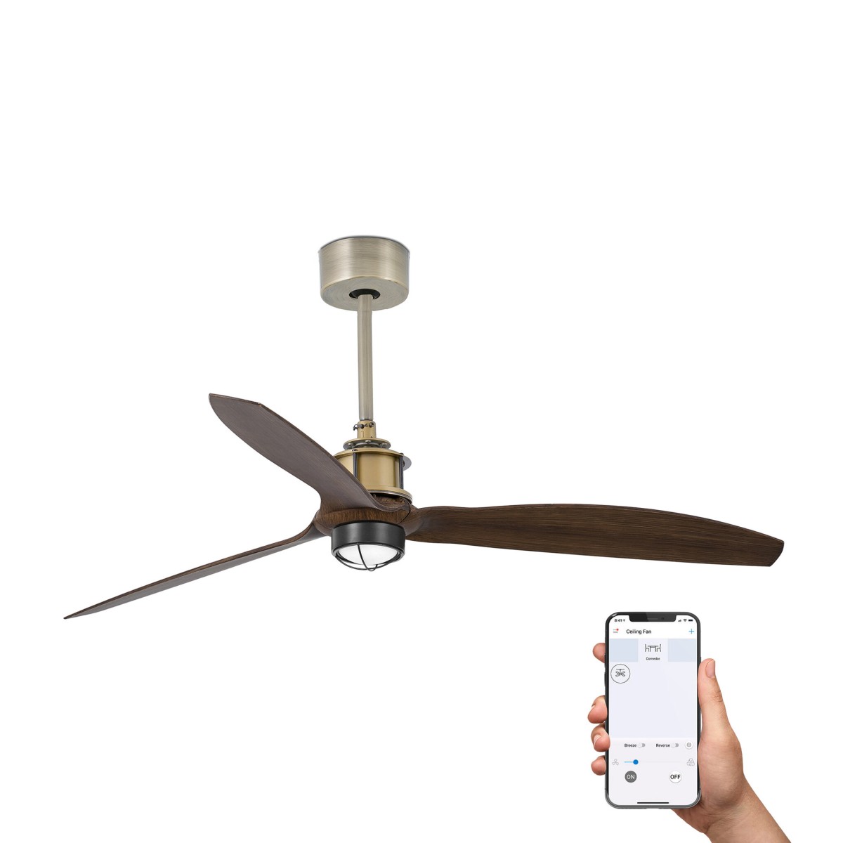 Потолочный вентилятор JUST FAN M Ш1280 состаренное золото 3P орех 3000K TUYA