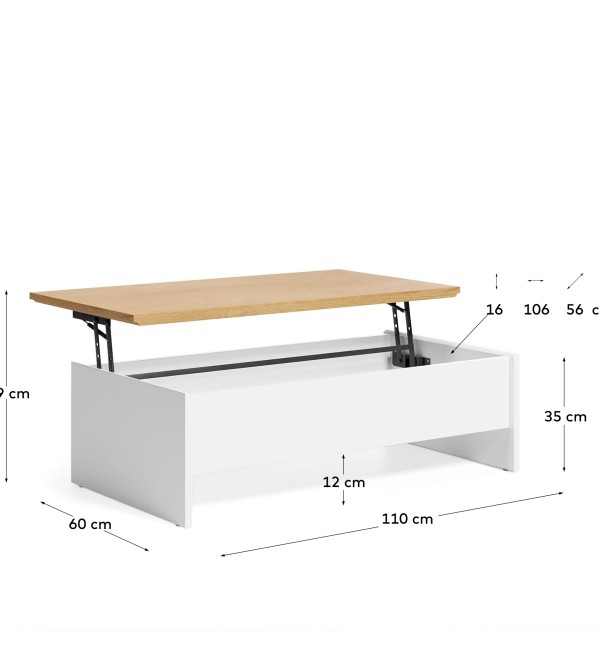 Abilen Подъемный журнальный столик из дуба и белого лака 110 x 60 см FSC 100%
