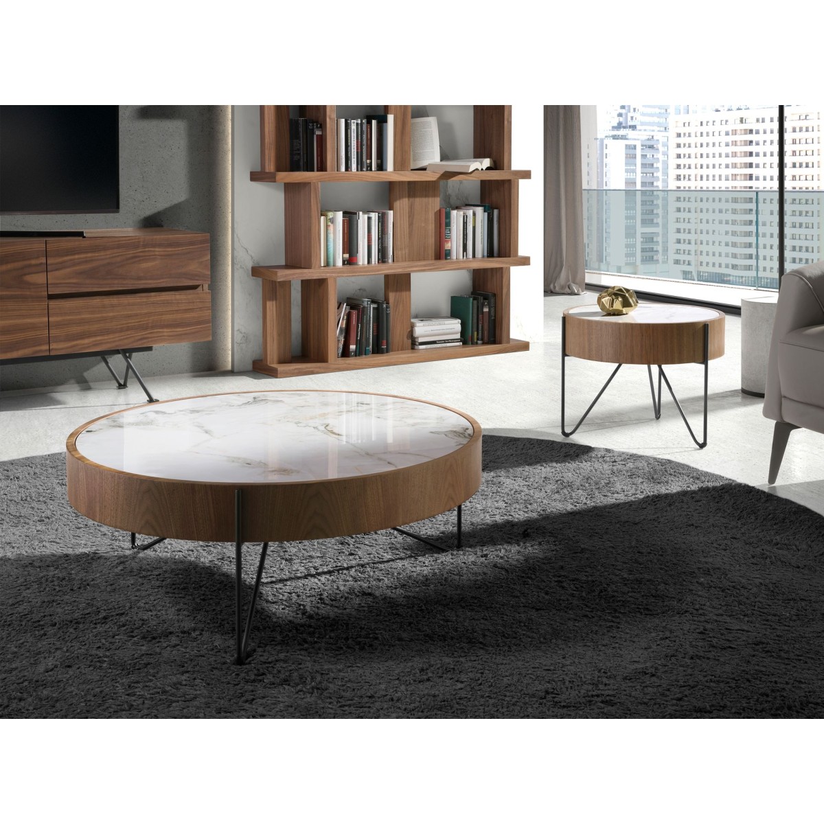 Круглый журнальный столик 2138/MH2303A из ореха и мраморной керамики