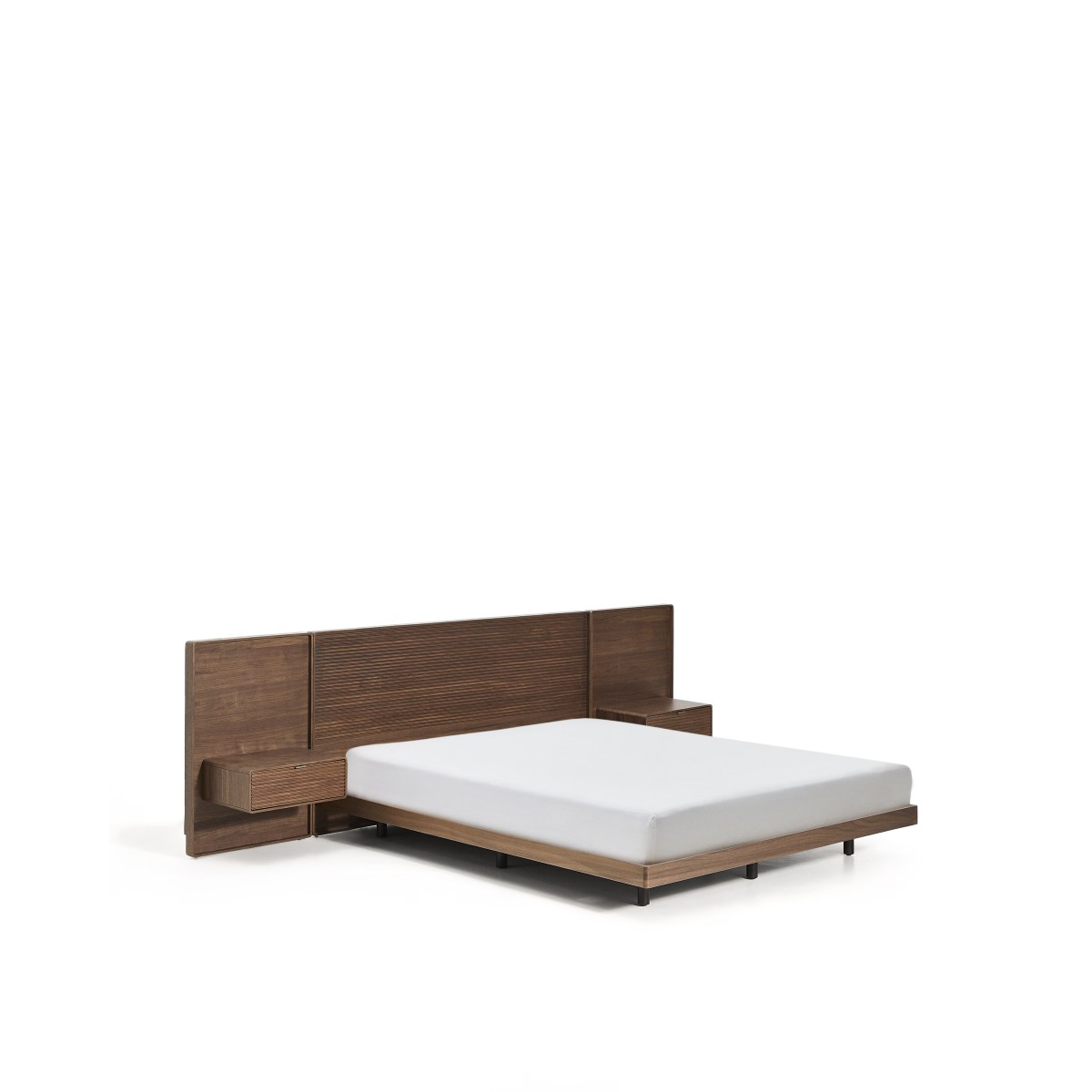 Кровать Norlen с 2 прикроватными тумбочками из орехового шпона с темной отделкой LED 160 x 200 см