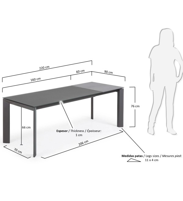 Стол Atta 160 (220) x90 антрацит, темно-серый, стекло