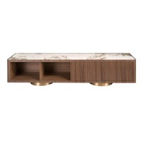 Тумба под ТВ 3311 из ореха, золотистой стали и керамики в мраморной отделке