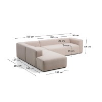 Угловой диван Blok бежевого цвета из синели, 5 мест, с левым шезлонгом, 255 x 320 см