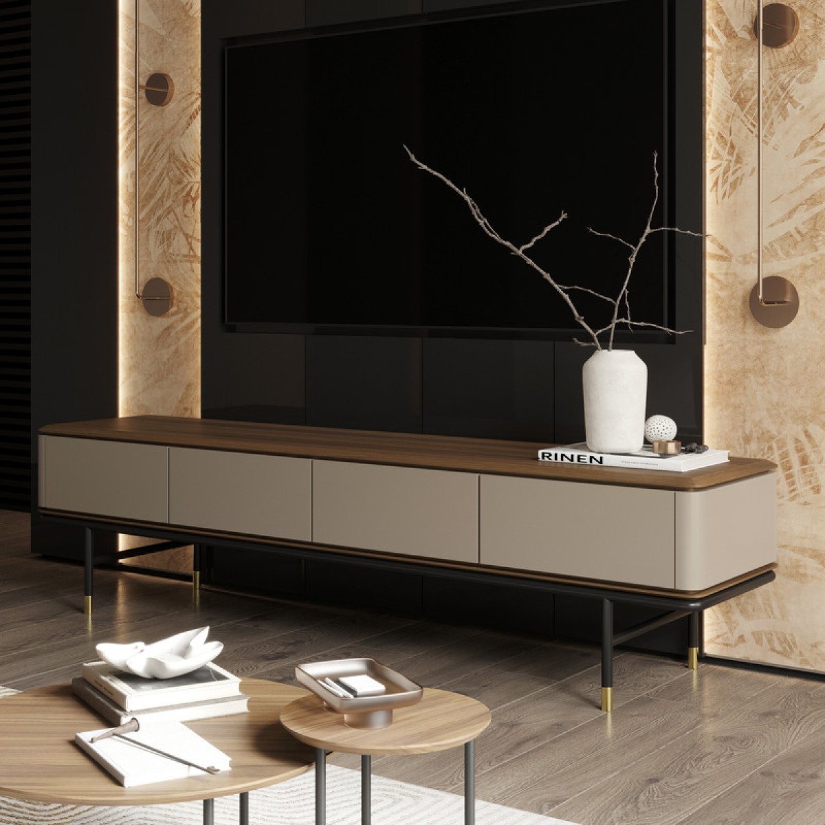 Тумба под TV ALTEA, MOD INTERIORS (бежевый, чёрный, золотой, дерево)