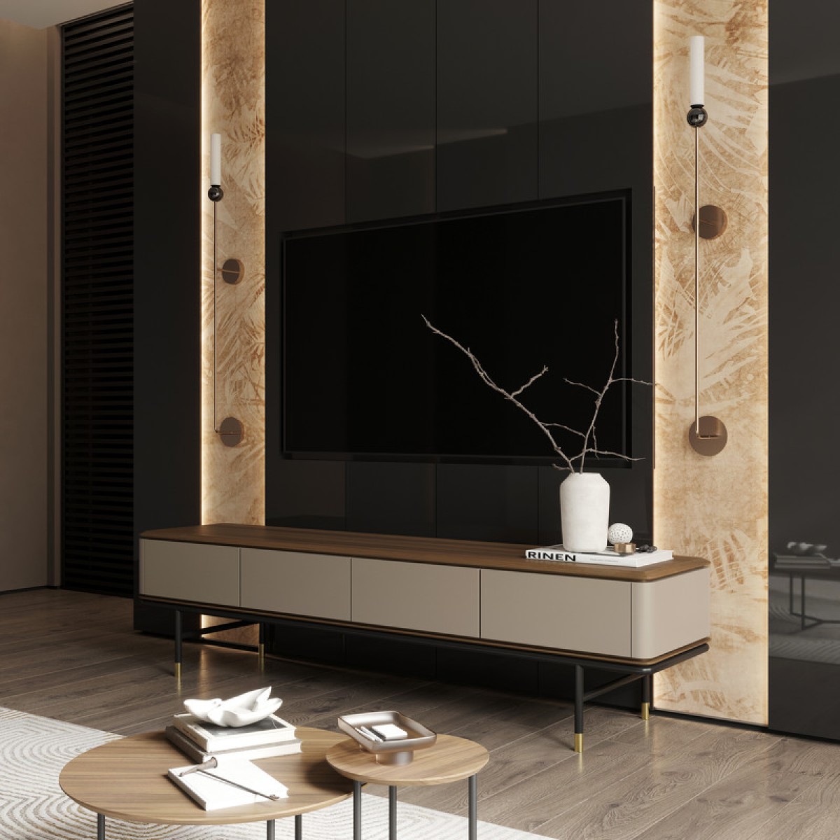 Тумба под TV ALTEA, MOD INTERIORS (бежевый, чёрный, золотой, дерево)