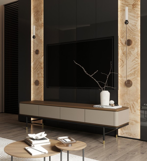 Тумба под TV ALTEA, MOD INTERIORS (бежевый, чёрный, золотой, дерево)