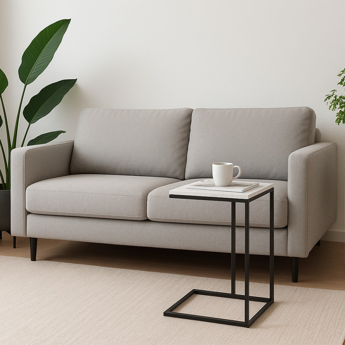 Придиванный столик Loft 50x30см, белый мрамор, чёрные ножки