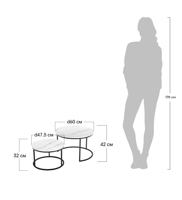 Набор кофейных столиков Tango орех и серый мрамор с чёрными ножками, 2шт