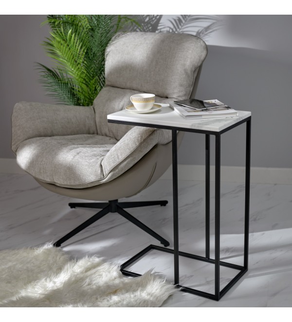 Придиванный столик Loft 50x30см, белый мрамор, чёрные ножки