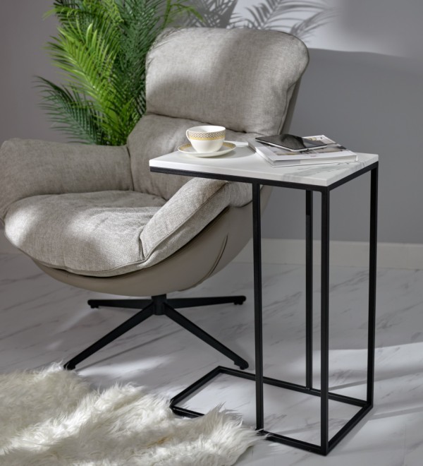 Придиванный столик Loft 50x30см, белый мрамор, чёрные ножки