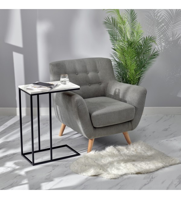Придиванный столик Loft 50x30см, белый мрамор, чёрные ножки