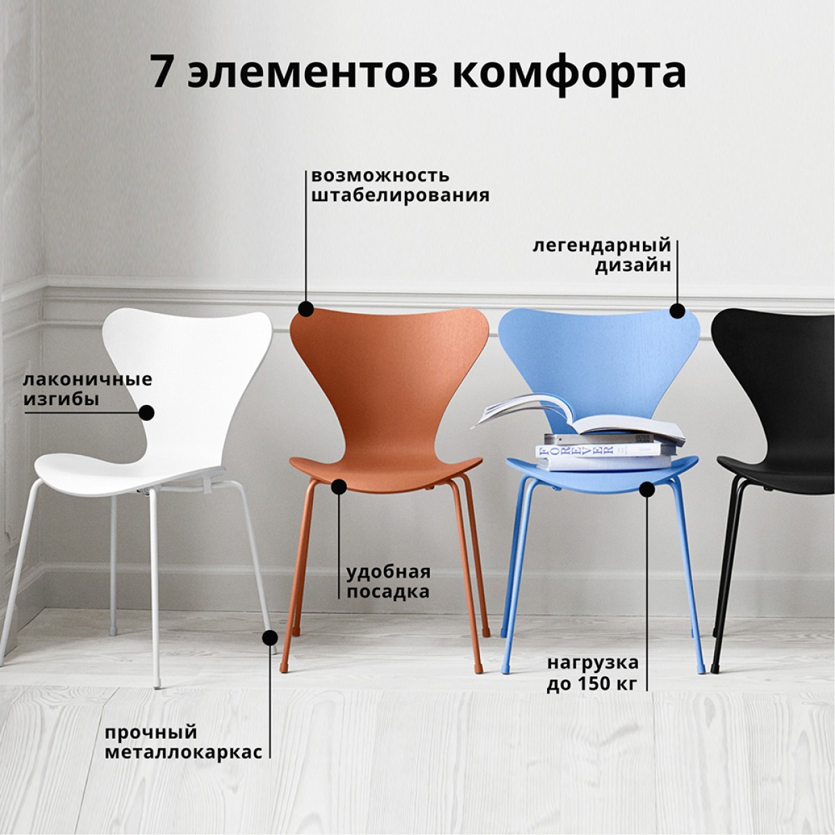 Комплект из 4-х стульев Seven Style белый с хромированными ножками