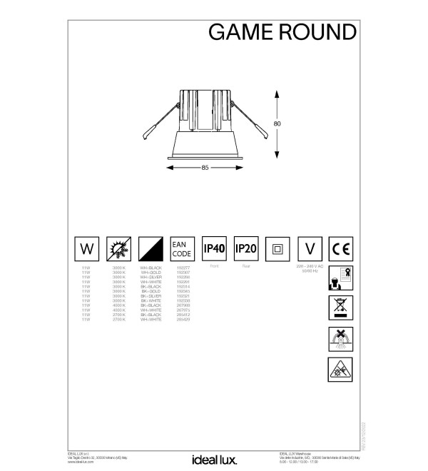Светильник встраиваемый Ideal Lux Game Trim Round11Вт LED Белый / Золото 3000К 192307