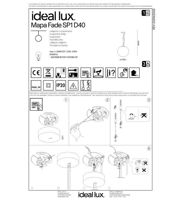 Светильник подвесной Ideal Lux Mapa SP1 D40 Хром E27 161334