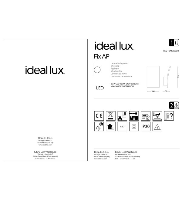 Светильник настенный Ideal Lux Fix AP Белый 3000К 117867