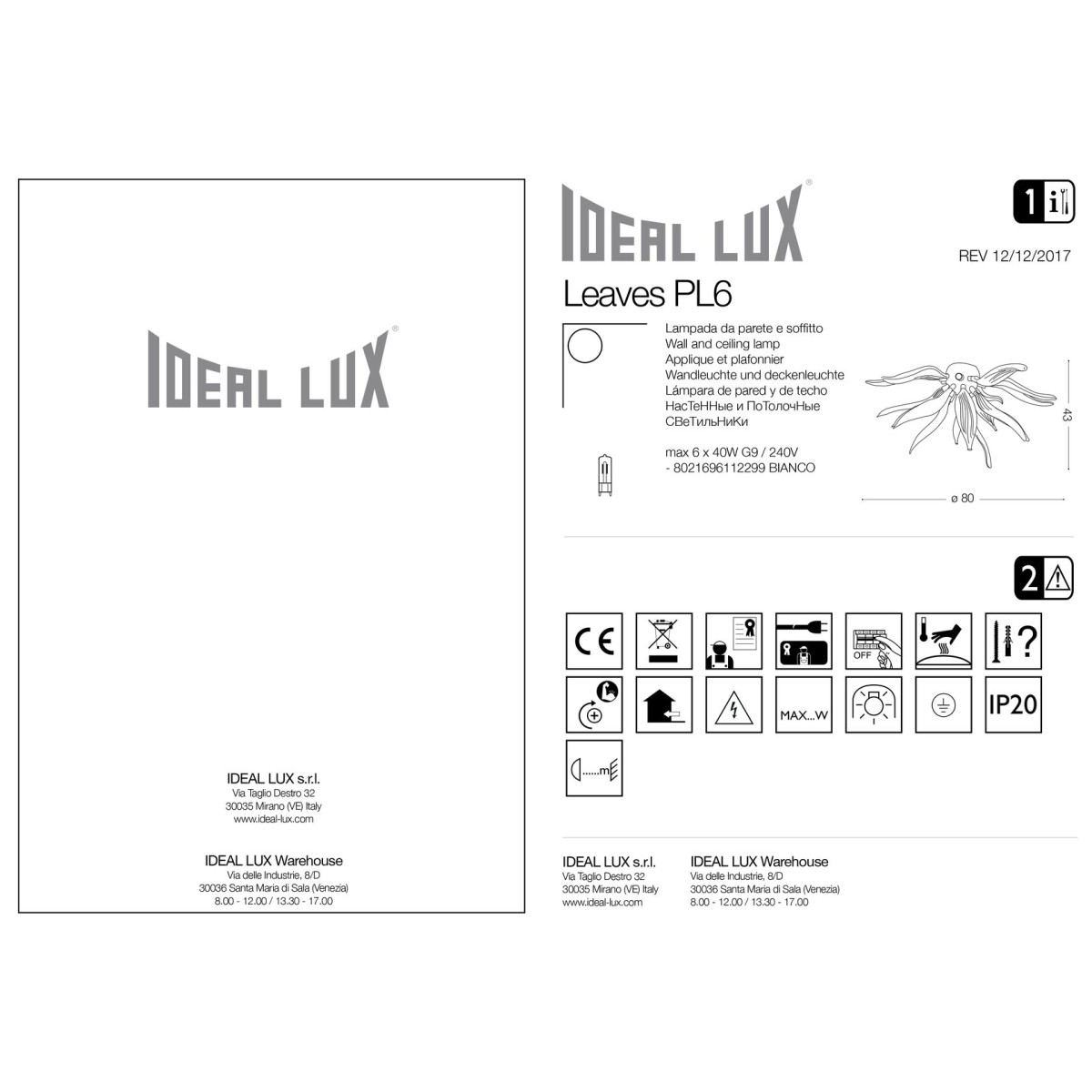 Люстра подвесная Ideal Lux Leaves SP8 Белый G9 111957