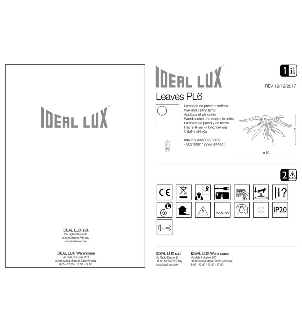 Люстра подвесная Ideal Lux Leaves SP8 Белый G9 111957