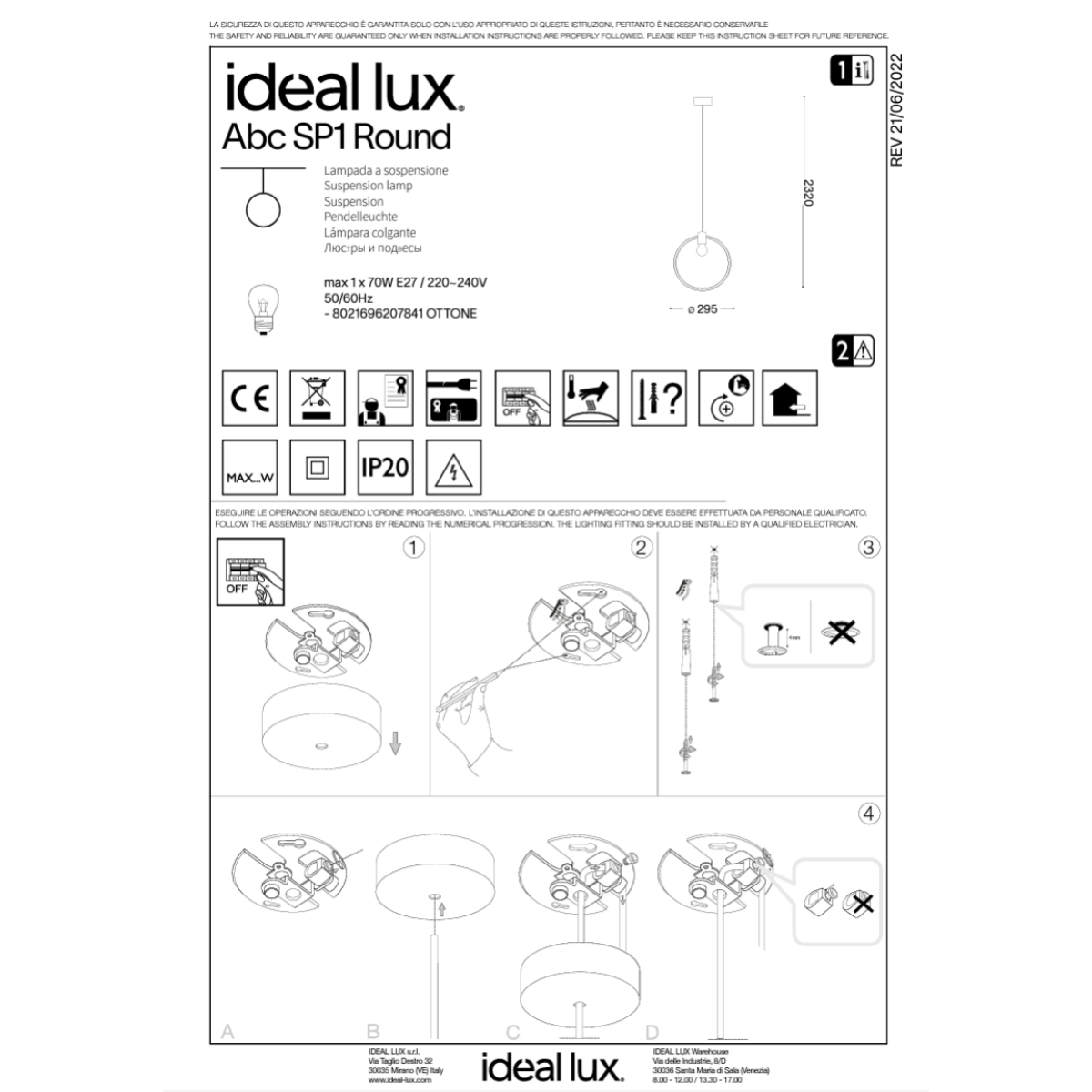 Светильник подвесной Ideal Lux Abc SP1 Round Латунь матовая E27 207841