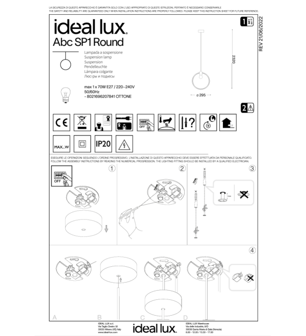 Светильник подвесной Ideal Lux Abc SP1 Round Латунь матовая E27 207841