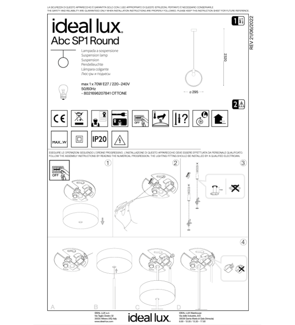 Светильник подвесной Ideal Lux Abc SP1 Round Латунь матовая E27 207841