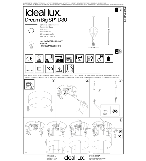 Люстра подвесная Ideal Lux Dream Big SP1 D30 Белый E27 179858