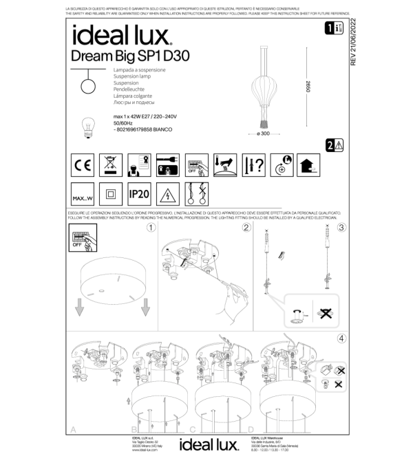 Люстра подвесная Ideal Lux Dream Big SP1 D30 Белый E27 179858