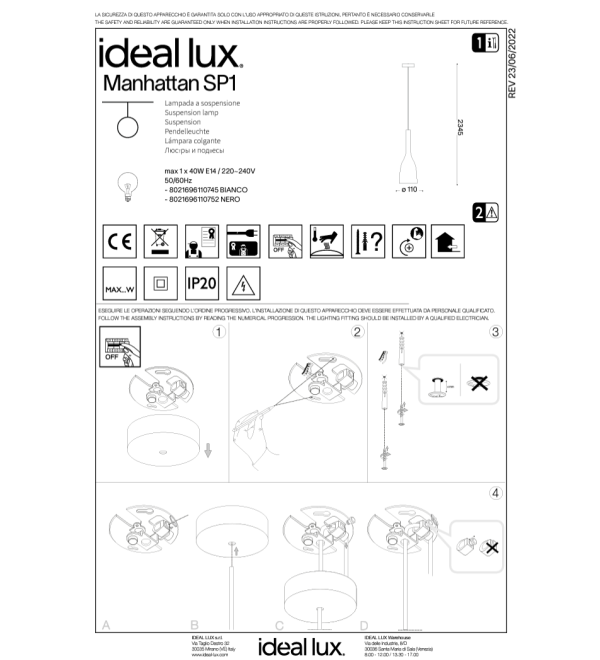 Светильник подвесной Ideal Lux Manhattan SP1 Черный E14 110752