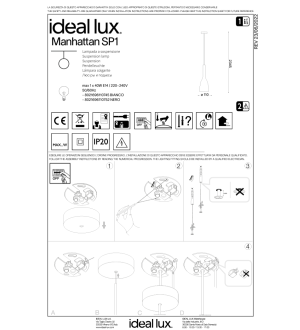 Светильник подвесной Ideal Lux Manhattan SP1 Черный E14 110752