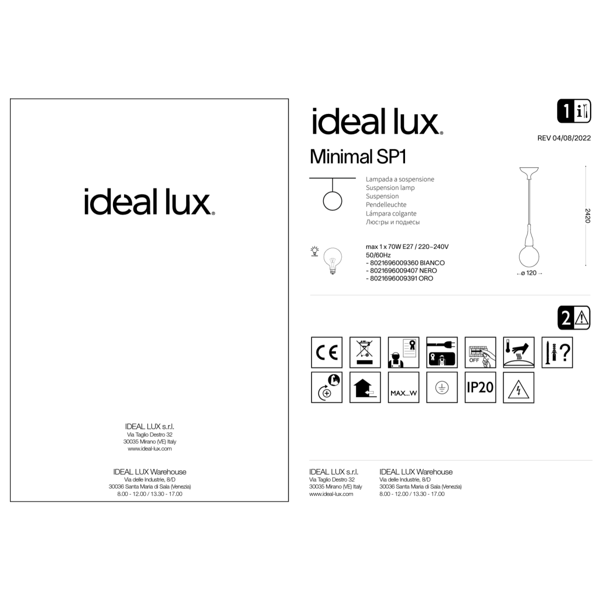 Светильник подвесной Ideal Lux Minimal SP1 Золото E27 009391
