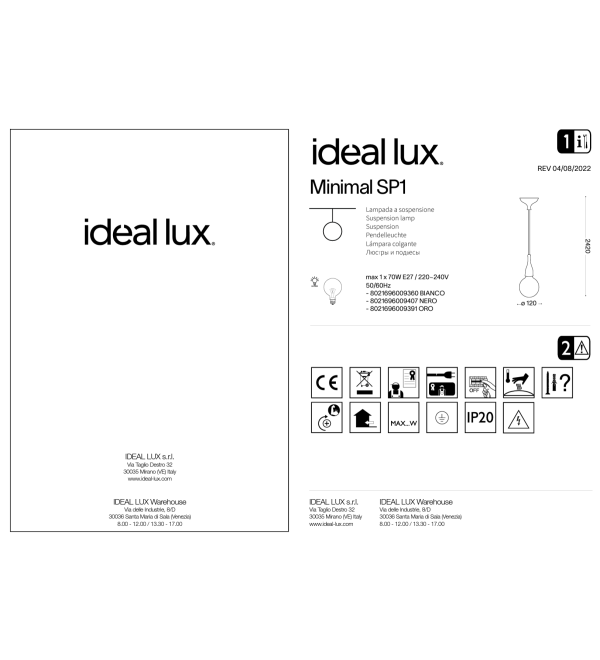 Светильник подвесной Ideal Lux Minimal SP1 Золото E27 009391