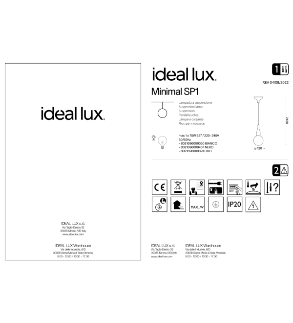 Светильник подвесной Ideal Lux Minimal SP1 Золото E27 009391