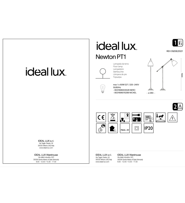 Торшер напольный Ideal Lux Newton PT1 Черный E27 003528