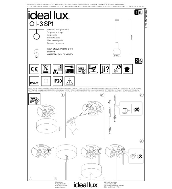 Светильник подвесной Ideal Lux Oil-3 SP1 Цемент E27 110431