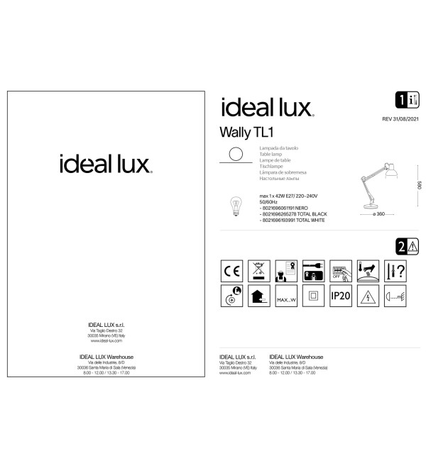 Лампа настольная Ideal Lux Wally TL1 Черный E27 265278