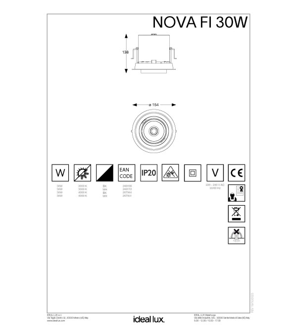 Светильник встраиваемый Ideal Lux Nova FI 30W 3000K LED Белый 248172