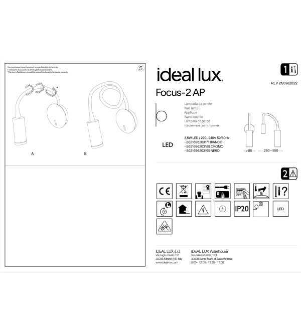 Светильник настенный бра Ideal Lux Focus-2 AP Белый 3000К LED 203171