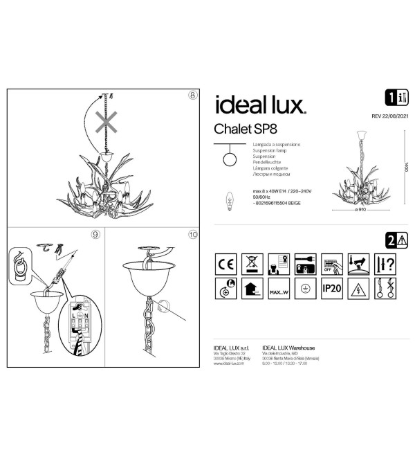 Люстра подвесная Ideal Lux Chalet SP8 Бежевый E14 115504